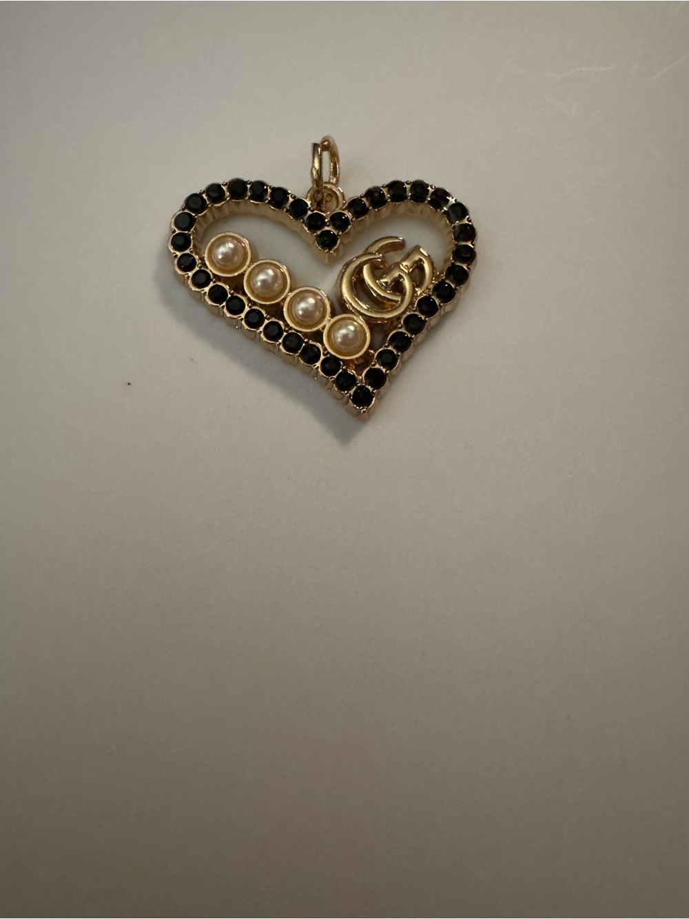 Gold Heart Pendant with Black Crystals and Pearl Accents